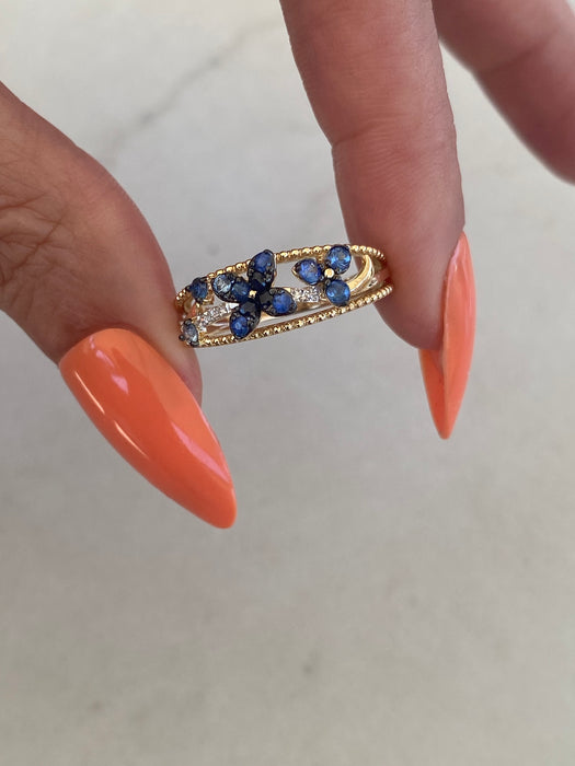 14K Blue Sapphire & Diamond Flower Ring