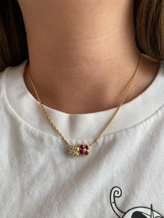 Vintage 18K Ruby & Diamond Flower Rope Chain Necklace