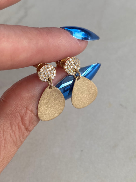 14K Glitter Gold Diamond Disc Drop Earrings