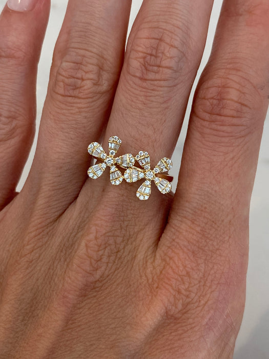 14K Gold Diamond Flower Ring – 0.45 TCW Round & Baguette Diamonds