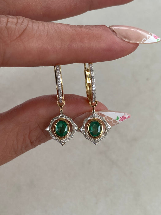 14K Gold Natural Emerald & Diamond Huggie Drop Earrings