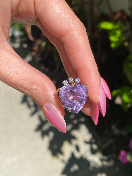 Vintage 14K Amethyst Heart & Diamond Crown Ring