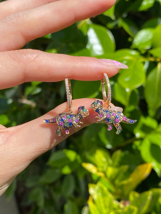 14k diamond rainbow sapphire T. rex huggie earrings