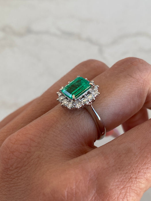 Vintage Platinum 900 Natural Emerald & Diamond Halo Ring
