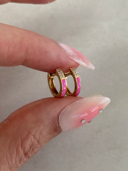 14K Gold Pink Enamel Diamond Huggie Earrings