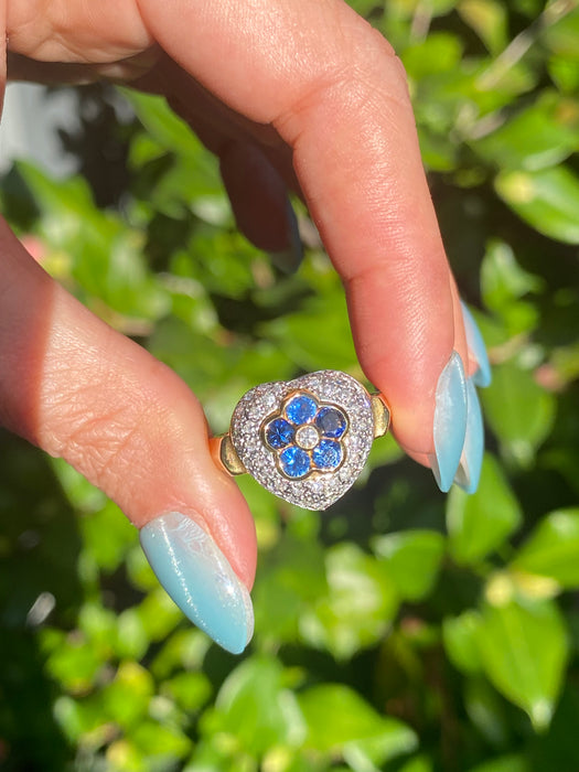 18k platinum diamond heart blue sapphire flower ring size 10.5