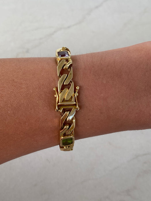 Vintage 14k Solid Gold Rainbow Gemstone Curb Bracelet | Emerald Cut Peridot Amethyst Citrine | 7”