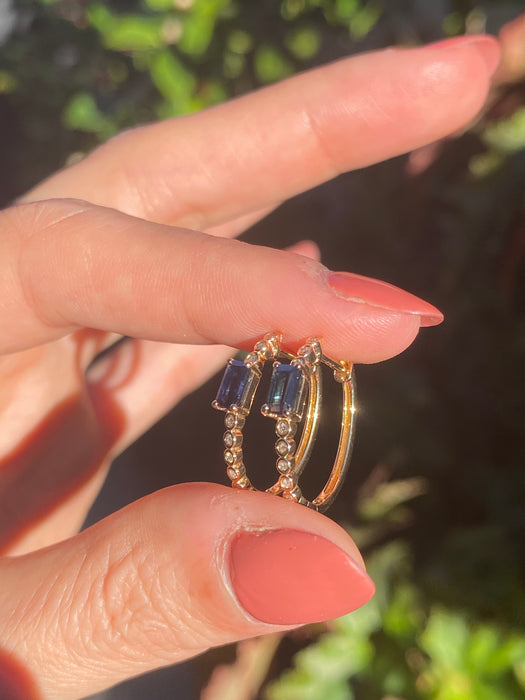 14k blue sapphire diamond huggie earrings