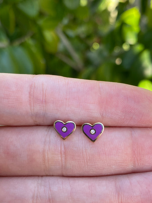 14K Gold Purple Enamel Diamond Heart Stud Earrings