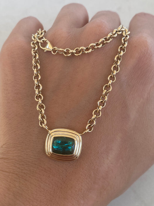 14K Gold 3.24 TCW Natural Blue-Green Tourmaline Rolo Necklace