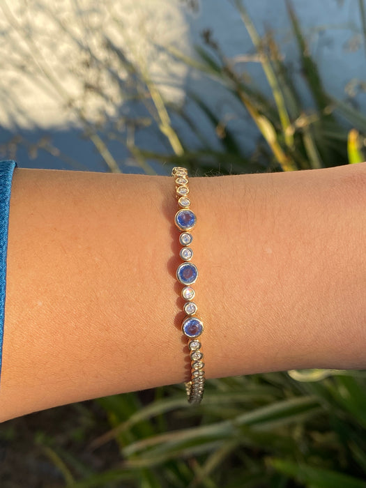 14k Bezel Set Natural Diamond & Blue Sapphire Tennis Bracelet