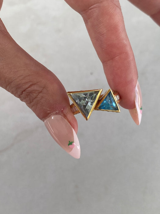 Vintage 18K Gold Trillion Topaz Aquamarine Diamond Ring