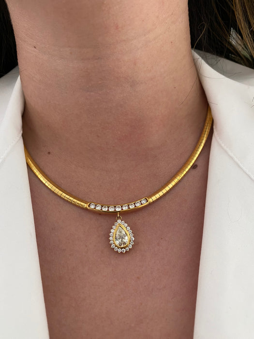 Vintage 18K Gold Diamond Herringbone Necklace 16” – 2.65 TCW Pear Halo Pendant