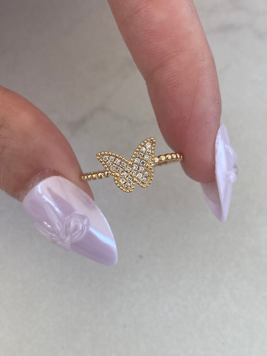 14K Gold Diamond Butterfly Bead Ring