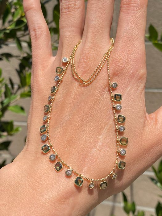 14K Gold Green Sapphire & Diamond Bead Necklace – 4.8 Carat Sapphire & 0.46 CTW Natural Diamond Charms