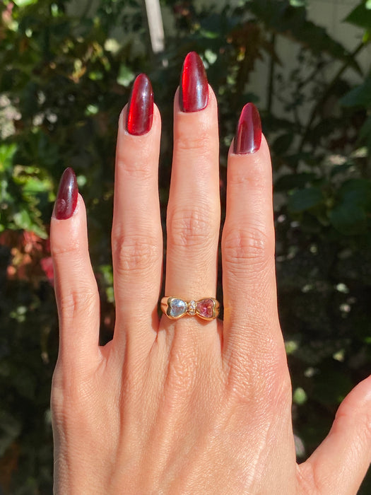 18k pink tourmaline aquamarine heart diamond bow ring size 6.5