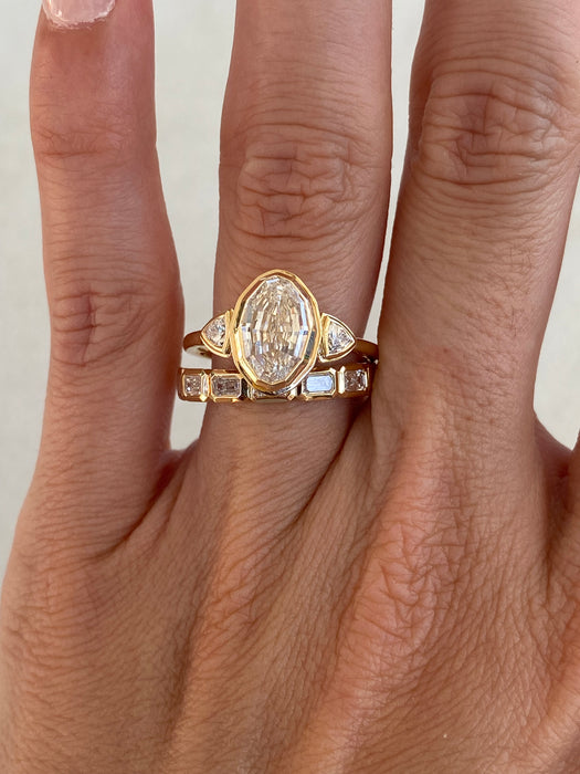 14K Gold Bezel Set Step-Cut Oval Lab Diamond Ring with Trillion Side Stones