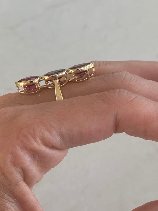 14K Gold Rubellite Tourmaline Three-Stone Vertical Ring