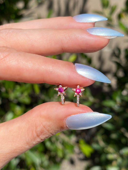 14k Rose Gold Ruby Diamond Star J Huggie Earrings