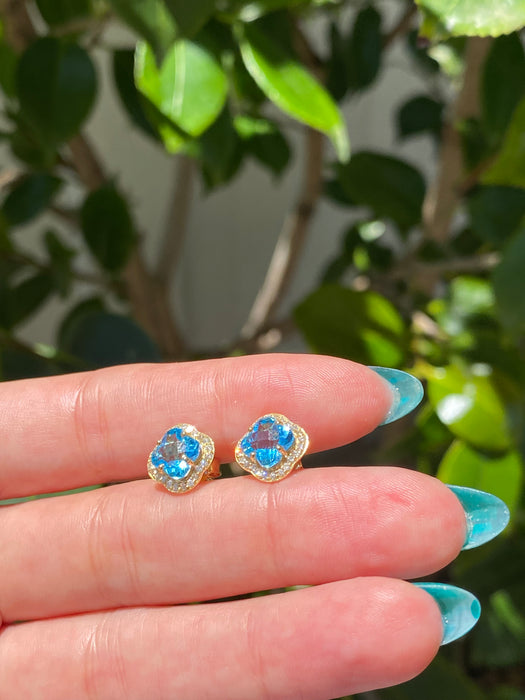 14k blue topaz flower diamond stud earrings