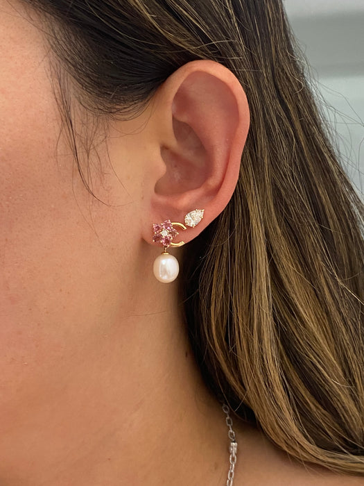 14K Gold Pink Topaz, Diamond & Pearl Drop Earrings