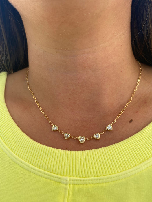 14K Gold Paperclip Necklace with 1.5 TCW Lab Diamond Heart Stations