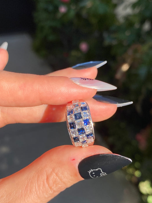 18k white gold checkerboard blue sapphire Asscher cut diamond ring size 6.5