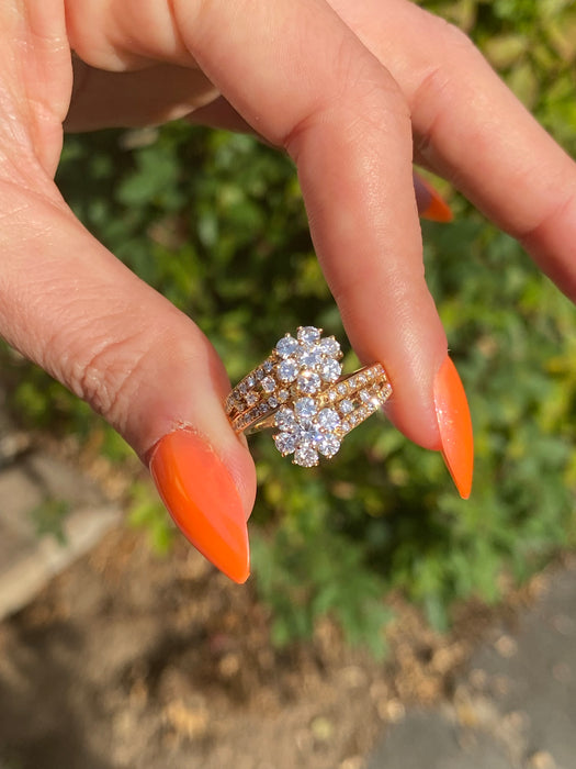 Vintage 18K Gold Diamond Bypass Flower Ring – 1.34 TCW – Size 6.5