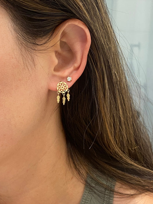 14K Gold Dreamcatcher Stud Earrings with Moving Feather Charms