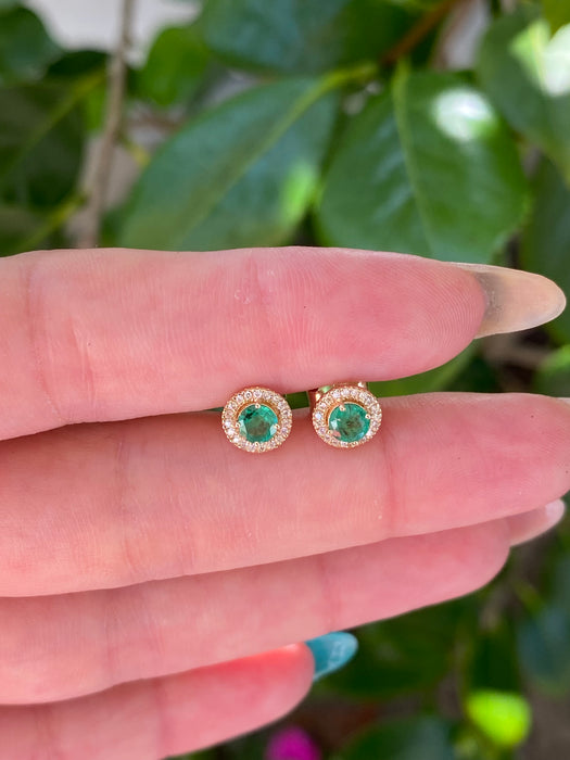 14k emerald diamond halo stud earrings