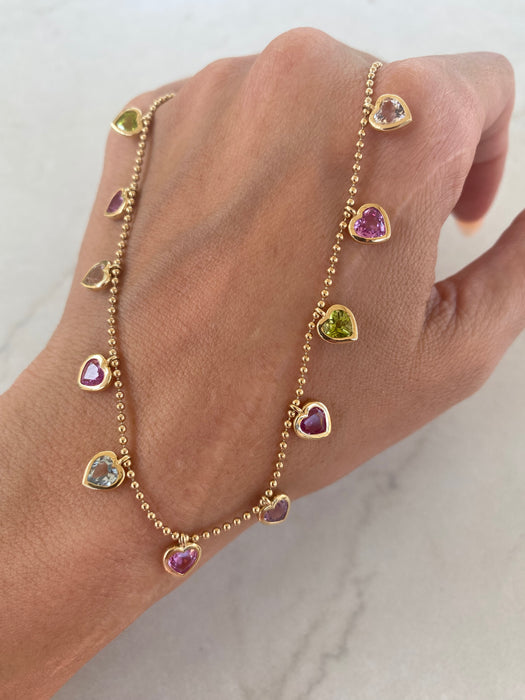 14K Multi-Gemstone Heart Station Bead Necklace
