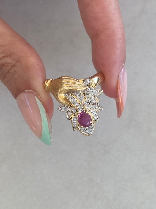 Vintage 18K Hand Ring with Ruby & Diamond Cluster