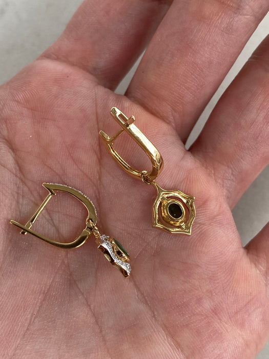 14K Gold Natural Emerald & Diamond Huggie Drop Earrings