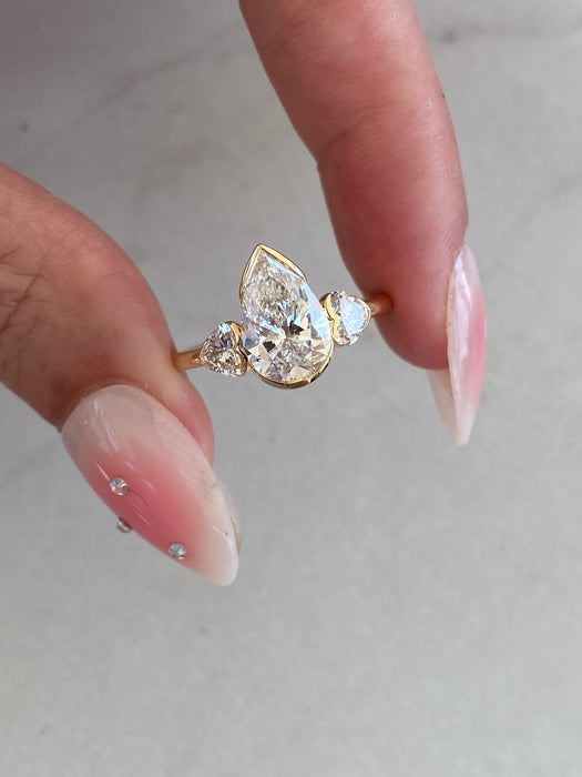 14K Gold Pear-Cut Lab Diamond Ring with Heart Side Stones