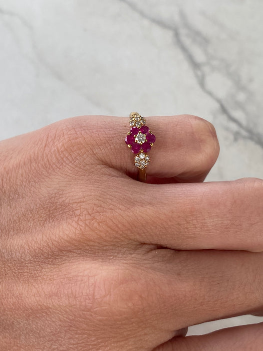 Vintage 18K Ruby & Diamond Triple Flower Ring