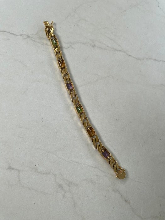 Vintage 14k Solid Gold Rainbow Gemstone Curb Bracelet | Emerald Cut Peridot Amethyst Citrine | 7”