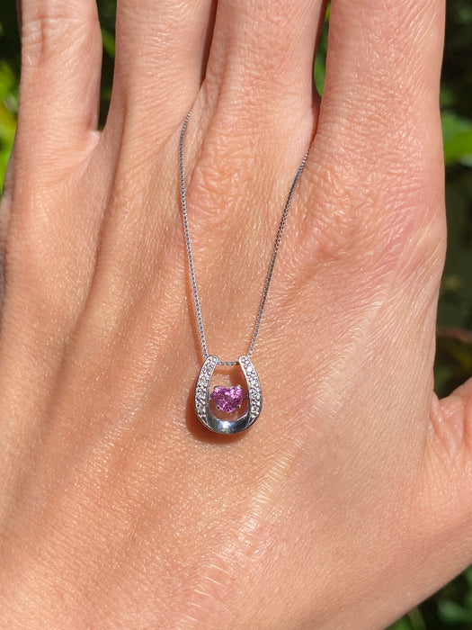 Vintage Platinum Pink Sapphire Heart & Diamond Horseshoe Dancing Necklace