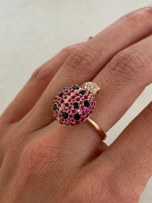 18K Rose Gold Ladybug Garnet, Ruby & Diamond Ring