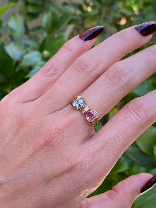 18k pink tourmaline aquamarine heart diamond bow ring size 6.5
