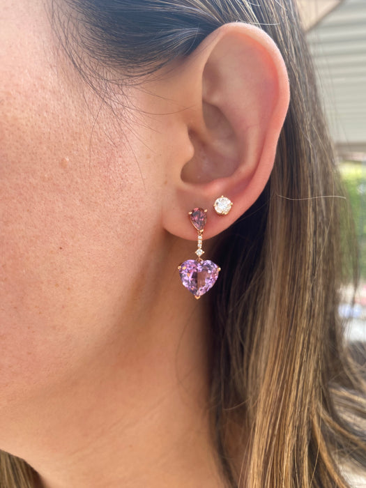 18K Rose Gold Rhodolite Garnet, Amethyst Heart & Diamond Drop Earrings