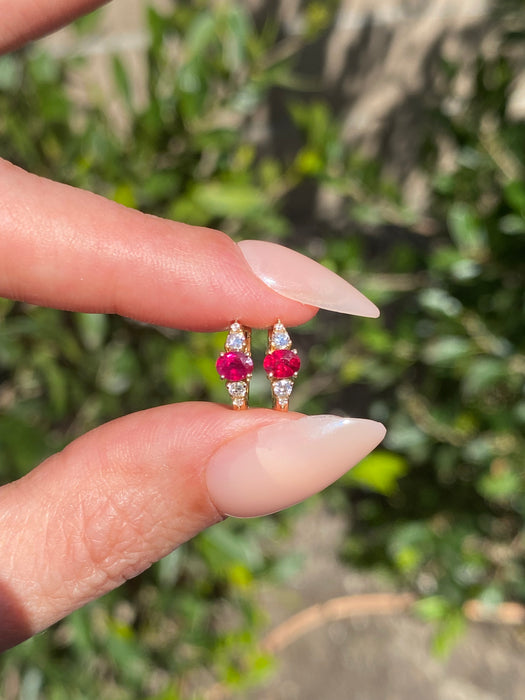 14K Gold Natural Ruby & Diamond Huggie Earrings
