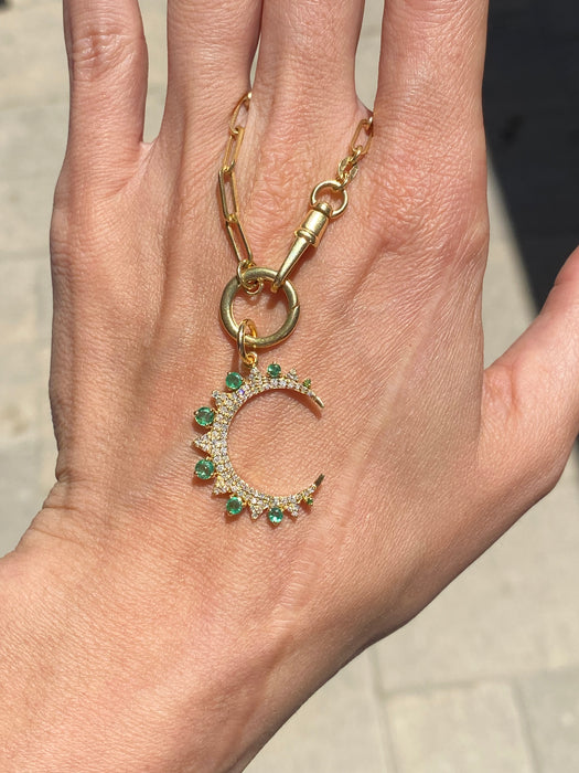 14K Gold Emerald & Diamond Crescent Moon Charm