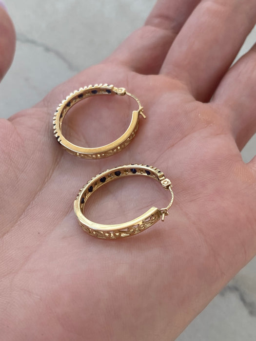 Vintage 14K Gold Blue Sapphire & Diamond Hoop Earrings