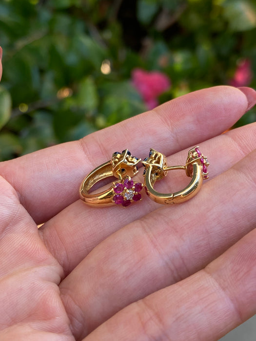 Vintage 18K Ruby Sapphire Diamond Flower Huggie Earrings