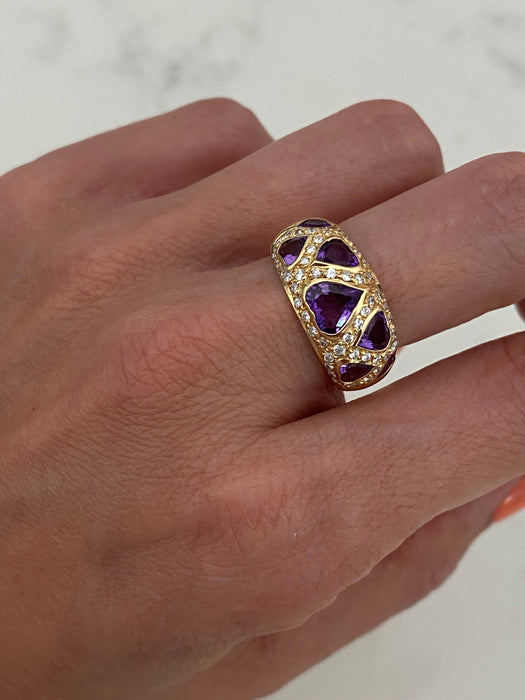 Vintage 18K Gold Amethyst Heart Ring with Diamond Accents – Size 7