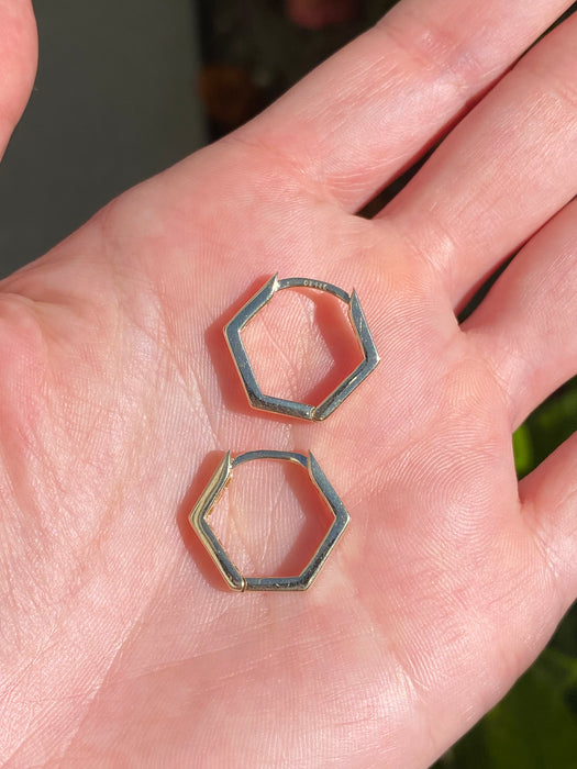 14k hexagon huggie earrings