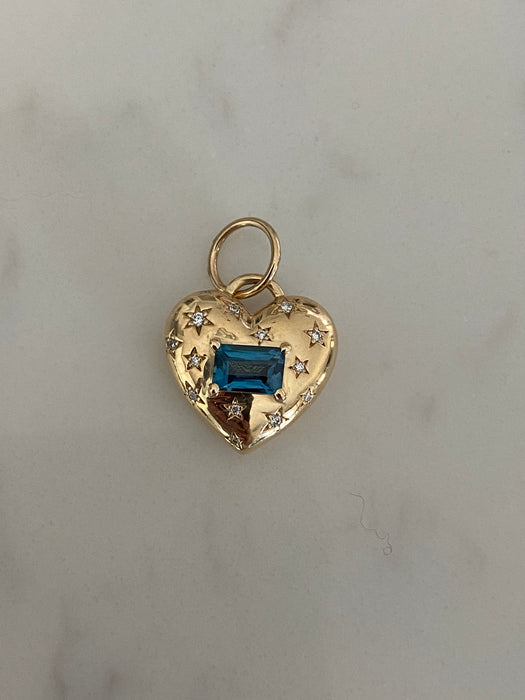 14K Gold Heart Charm with Diamond Star Accents & East–West Blue Topaz