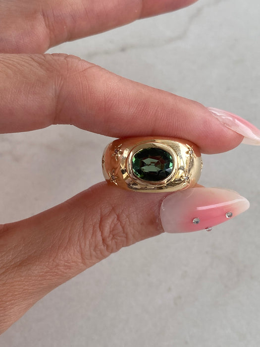 14K Green Tourmaline & Diamond Star Bombe Ring