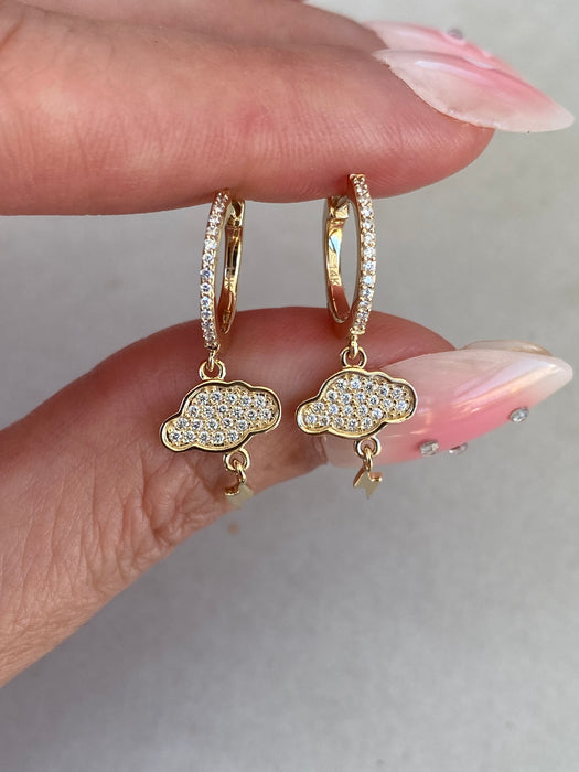 14K Diamond Cloud & Lightning Bolt Huggie Earrings