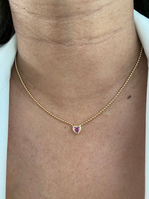 14k bead chain with bezel set pink sapphire heart necklace 18”